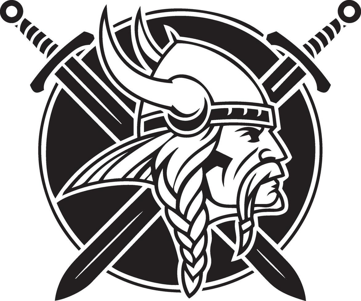 A bold black and white Tshirt graphic Powerful Viking Warrior Emblem with Swords vector