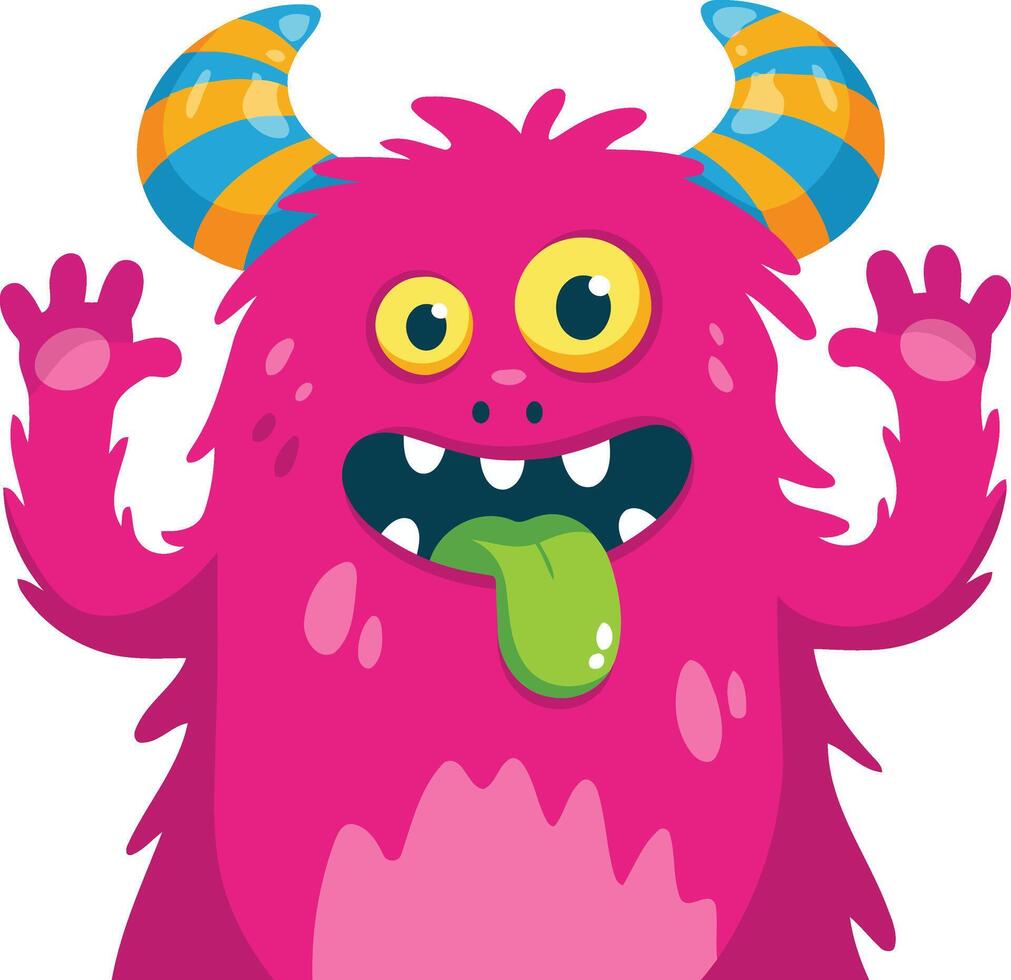 A vibrant, cartoonish pink furry monster with large yellow eyes and a long green tongue. vector