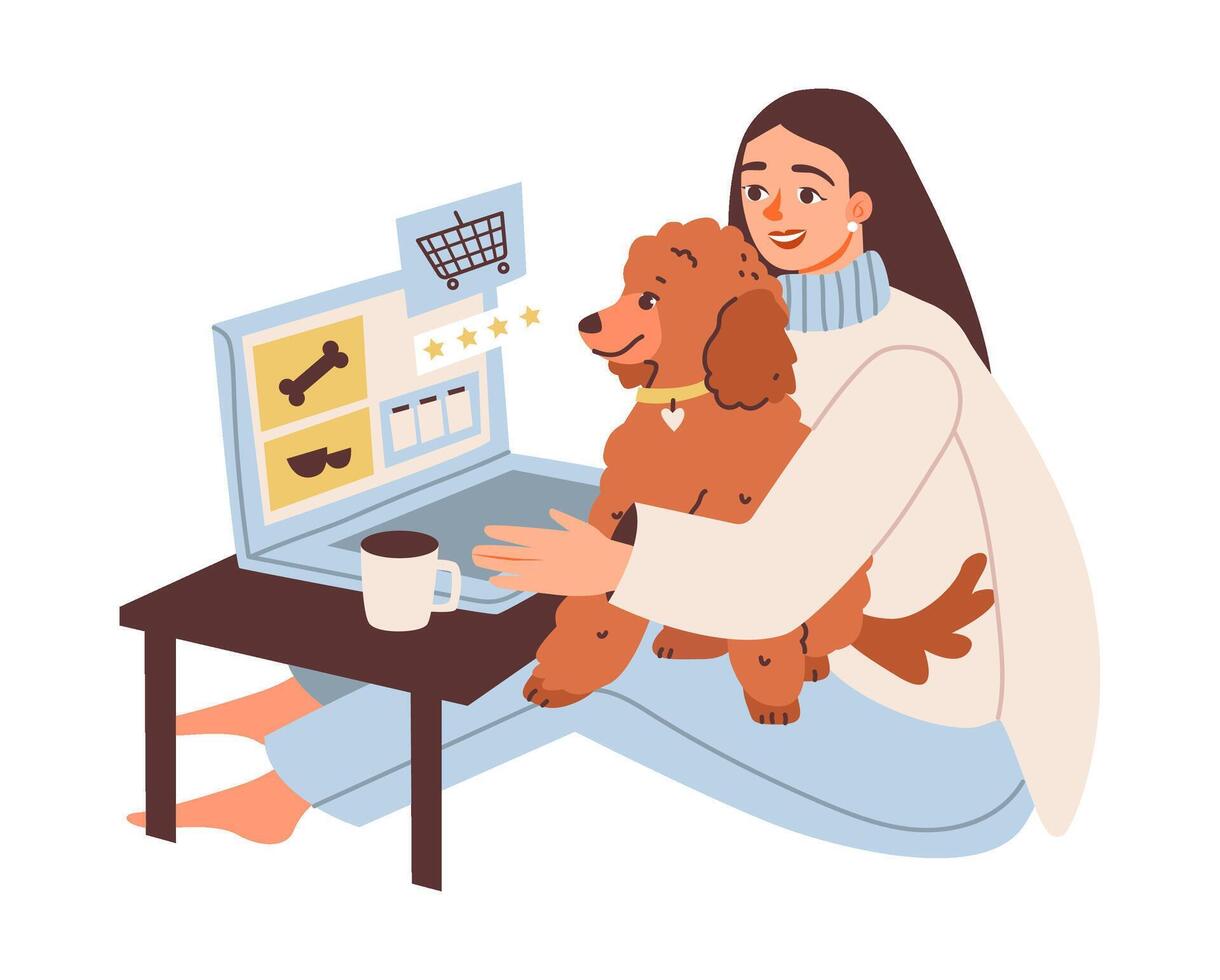 Woman shopping online with her dog by her side, browsing through a variety of items on her laptop. Pet care, retail activities, and pet and owner. Flat illustration. vector