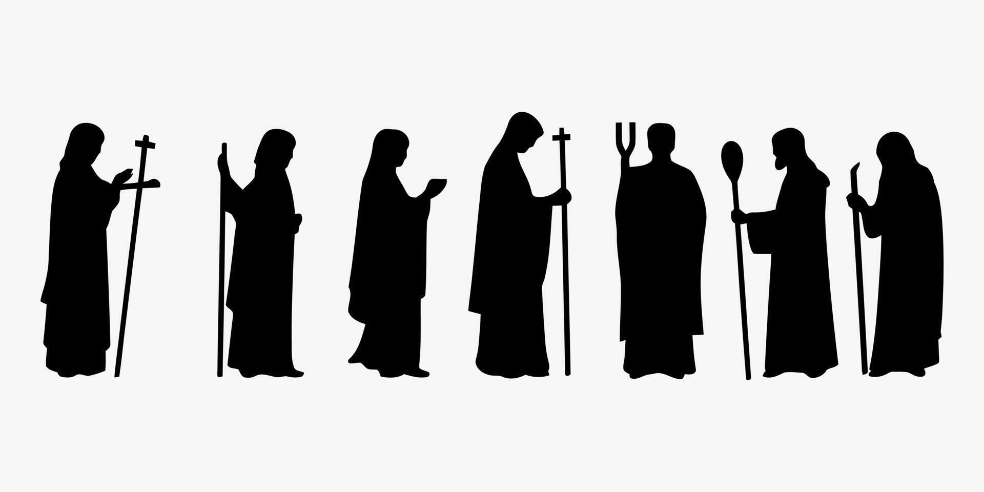Monks silhouette religious figures priests clergy christianity faith spiritual black and white robes staffs cross vector