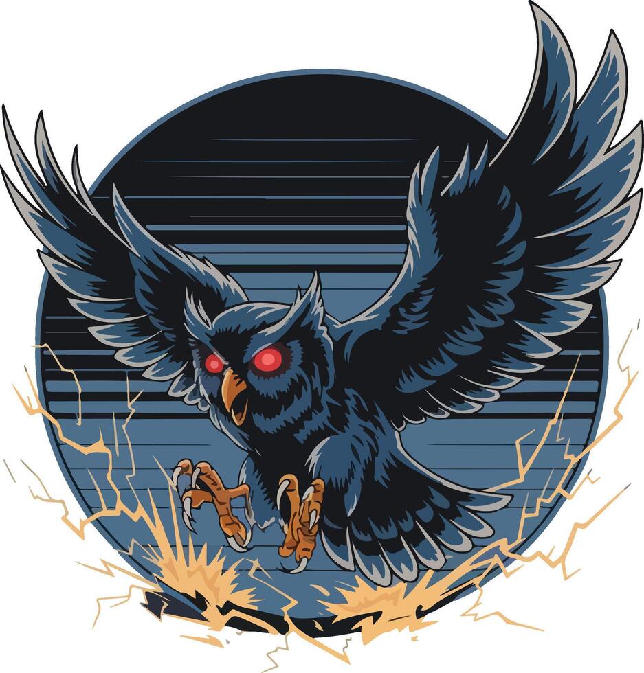 An owl with red eyes is flying over a lightning bolt vector