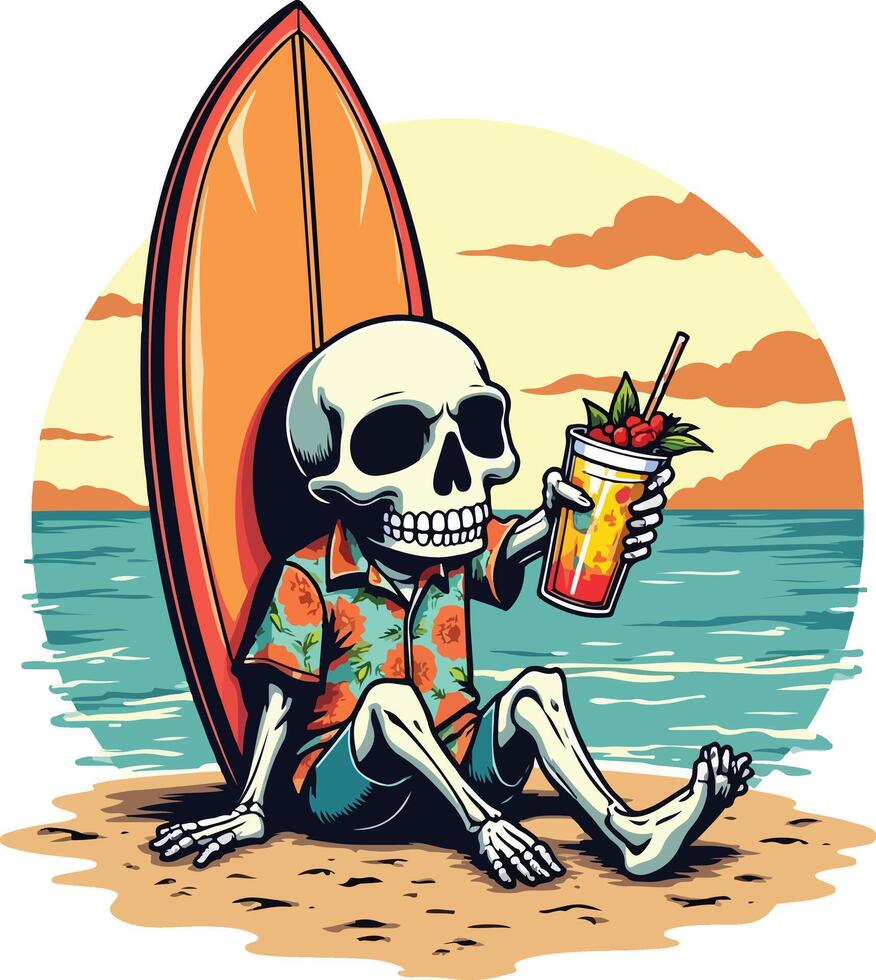A skeleton sitting on the beach with a drink and a surfboard vector