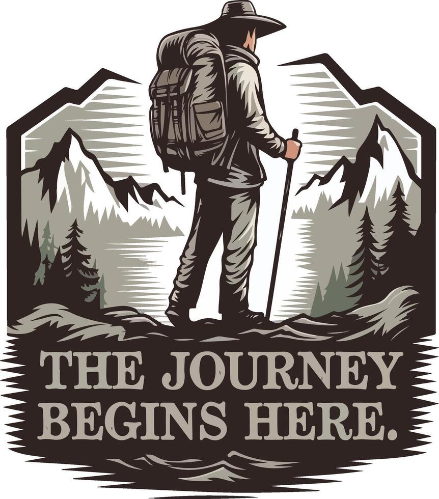 The journey begins here, a logo for a hiking trip vector