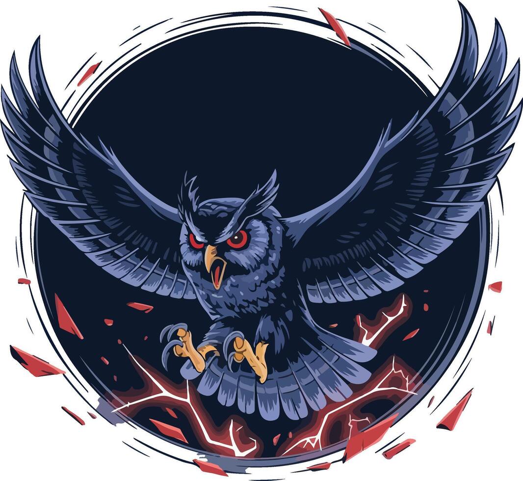 An owl with red eyes and wings is flying through the air vector