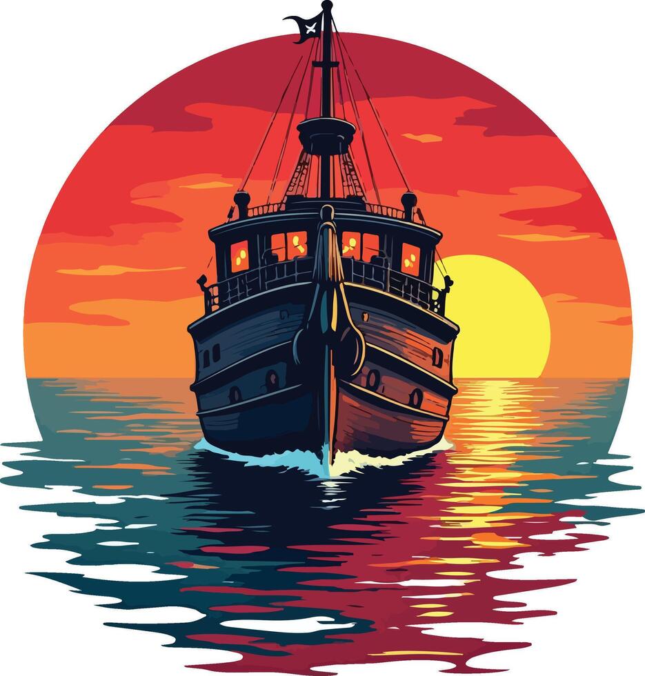 A boat in the ocean at sunset vector