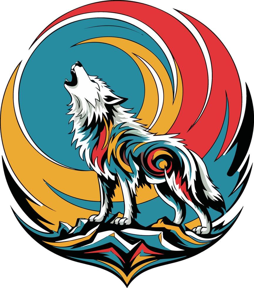 A wolf howling in a circle with a colorful swirl vector