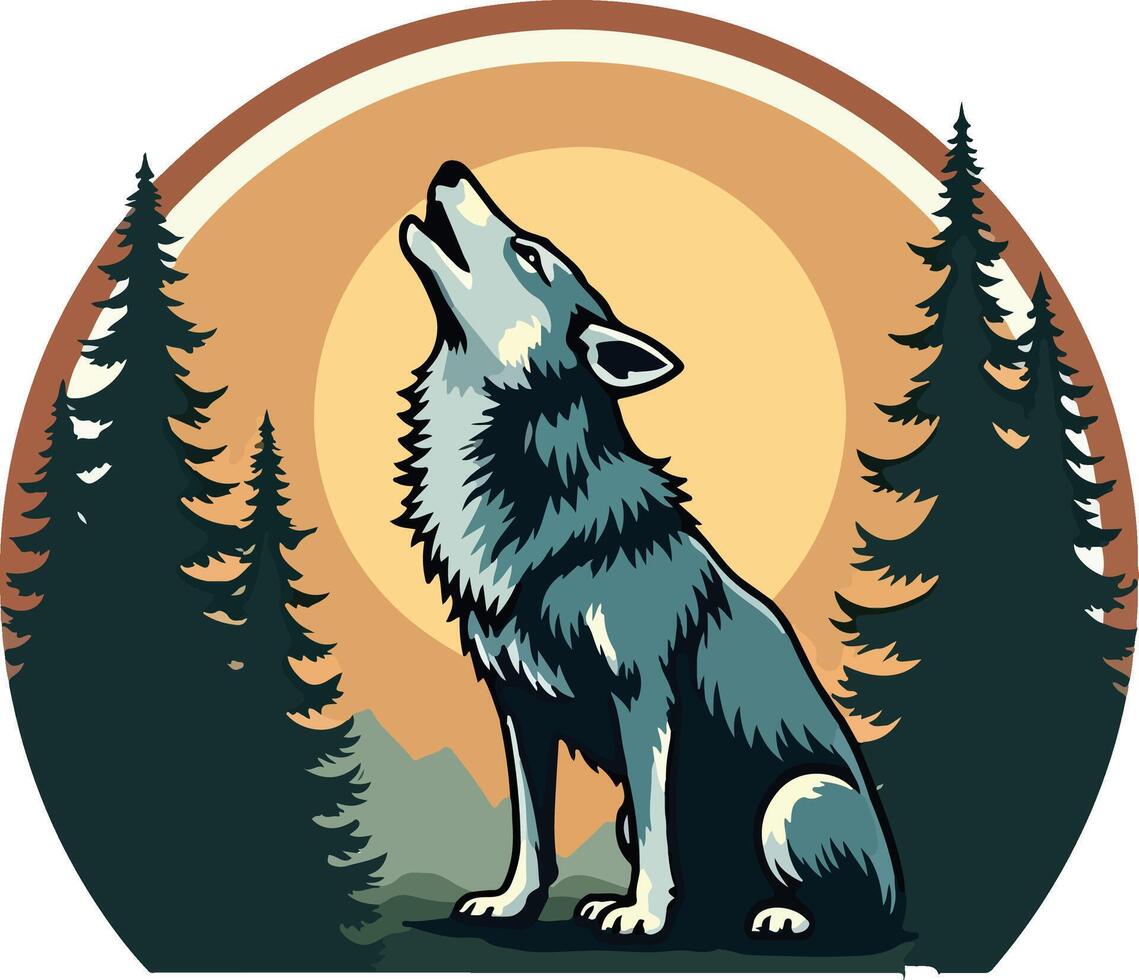 A wolf howling in the forest with trees and sun vector