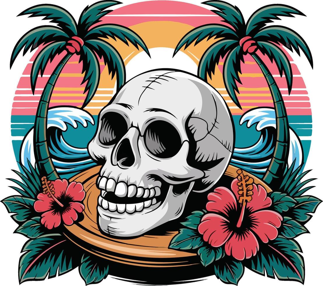 Skull with palm trees and sunset on a plate vector