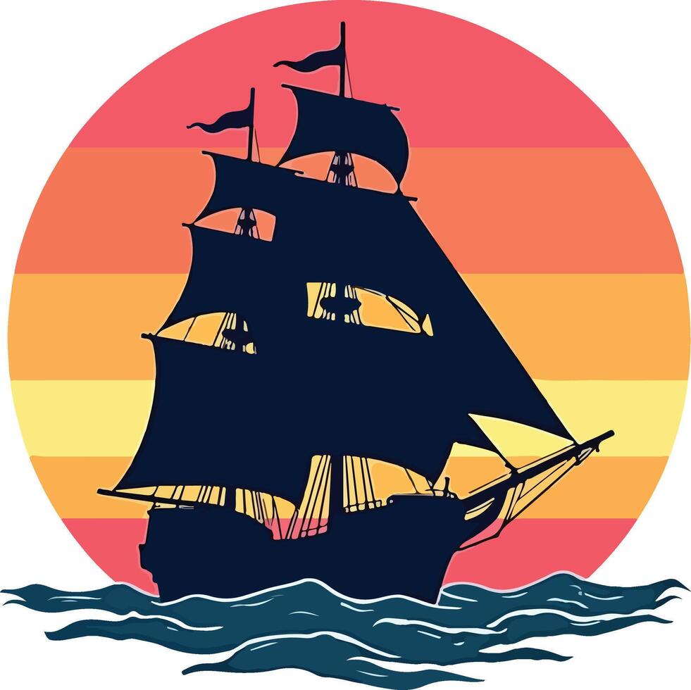 A sailing ship in the ocean at sunset vector