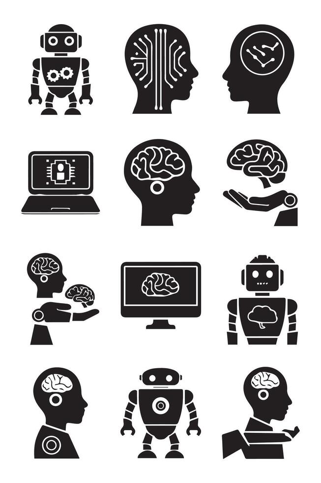 Black and white icons of robots and human heads vector