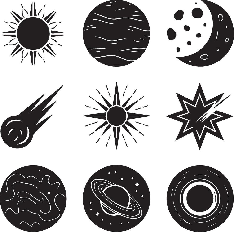 Set of space objects, planets, sun, moon, stars, planets, sun, moon, vector
