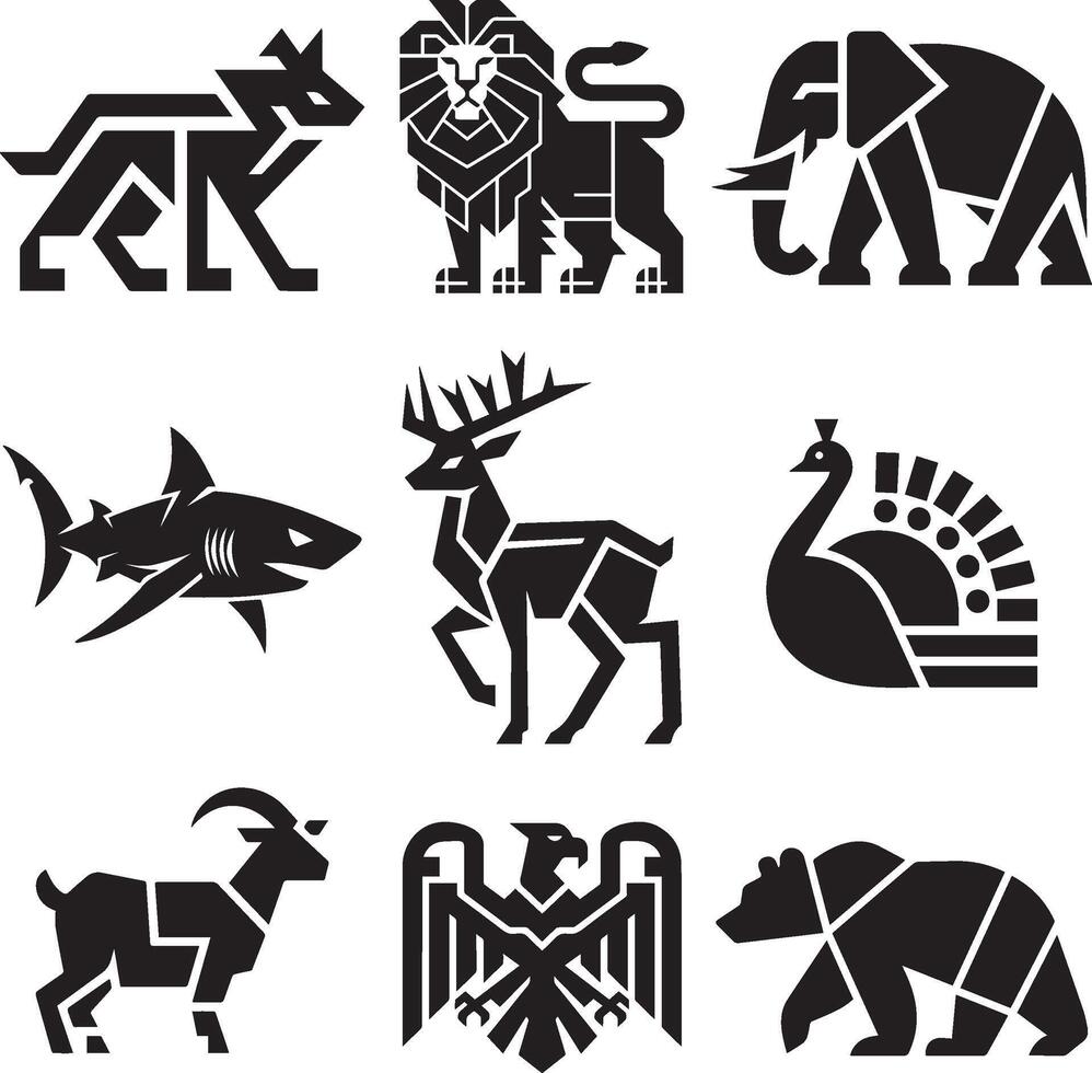 A set of black and white origami animals vector