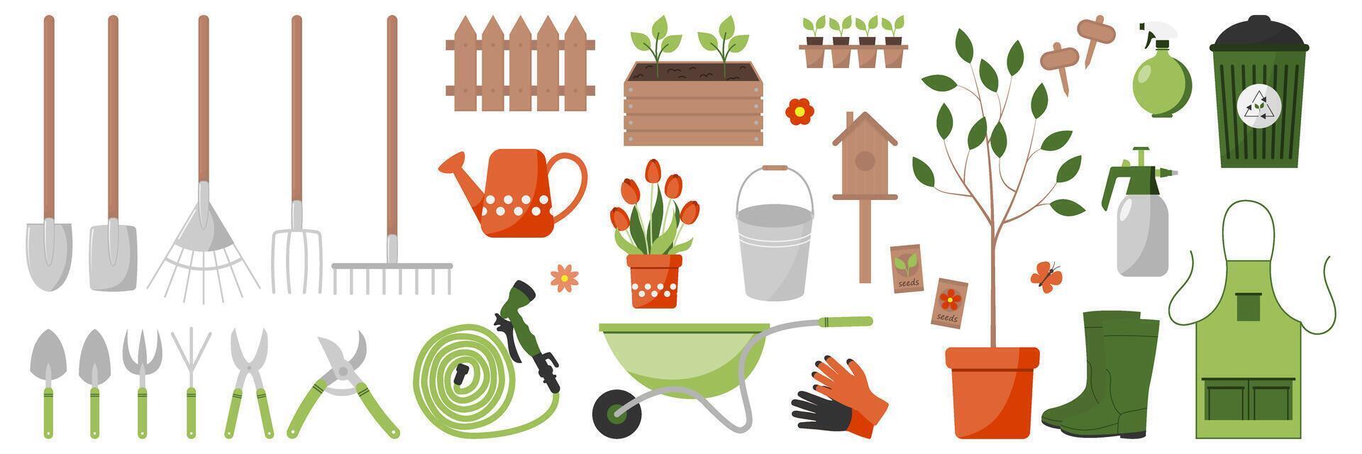 Large set of garden tools and equipment. Gardening concept. Design elements for print, packaging or stickers. illustration vector
