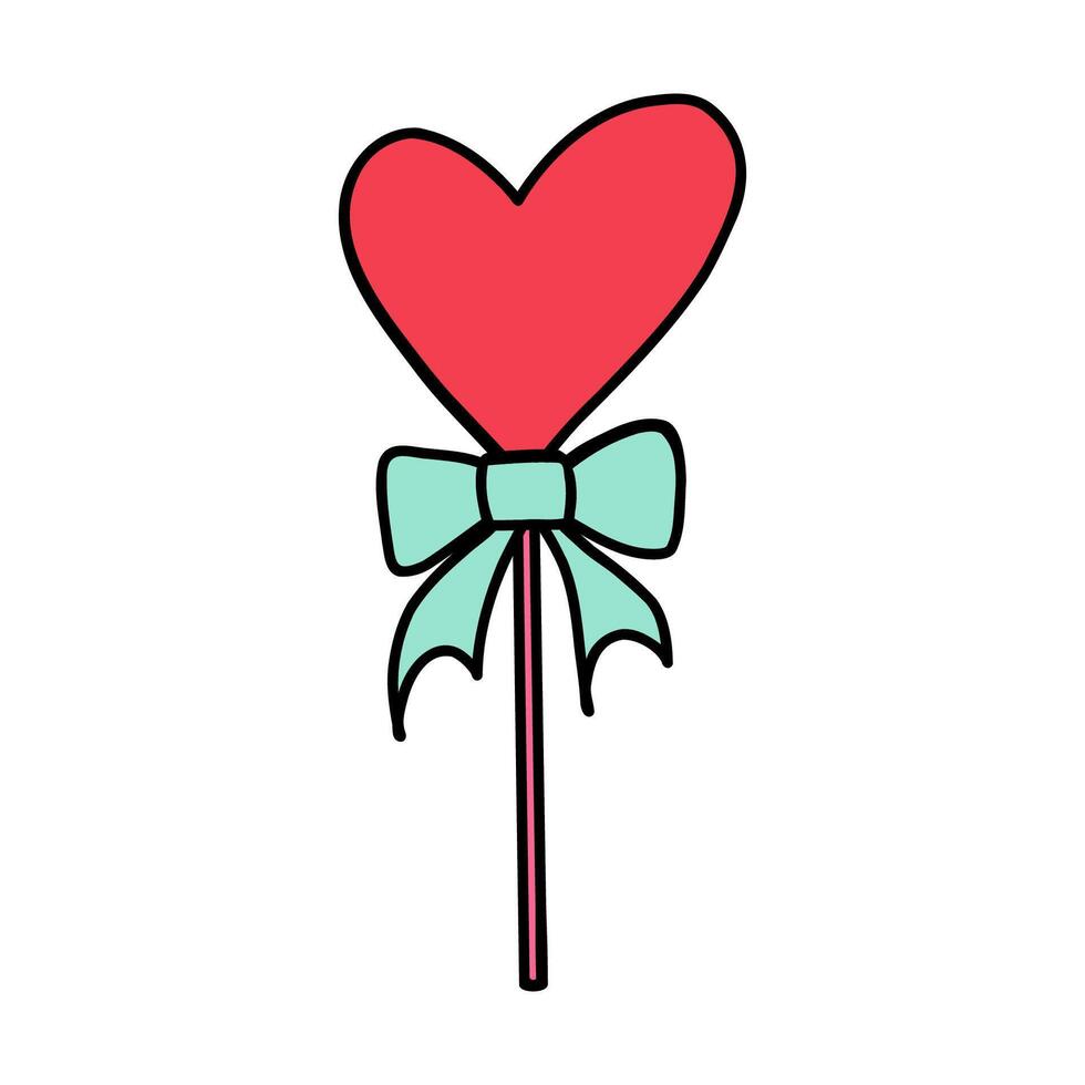 Heart shaped lollipop with festive bow isolated on white background in doodle style. Hand drawn cute lollipop for Valentines Day and weddings. Perfect lollipop for expressing love and celebration. vector