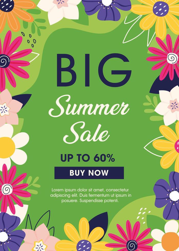 Summer sale poster with colorful summer flowers on green background. Advertising poster with floral elements. Template for poster, card, banner, social media, poster, mobile apps, web. vector