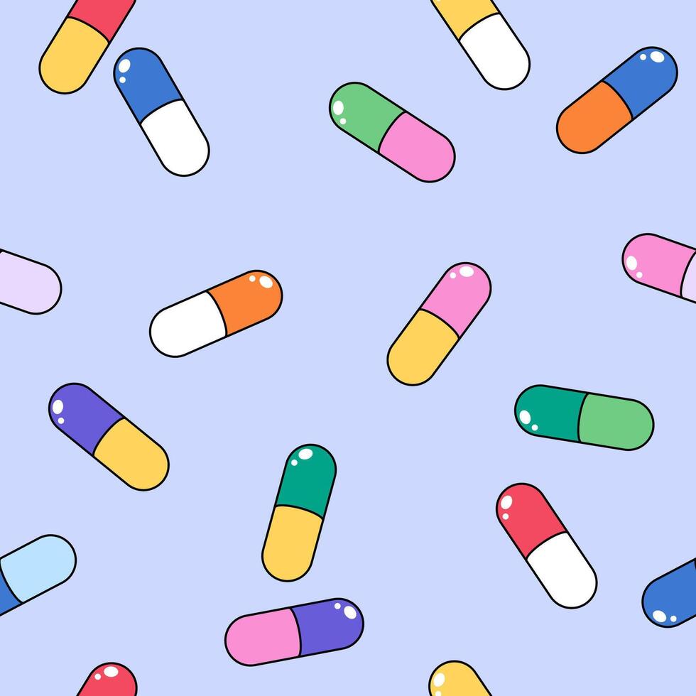 Pills, medicine seamless pattern, background. Simple cartoon drawing vector