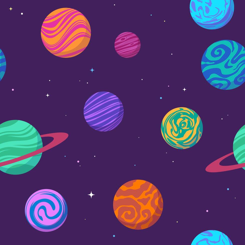 Cartoon planets seamless pattern, background, space drawing vector