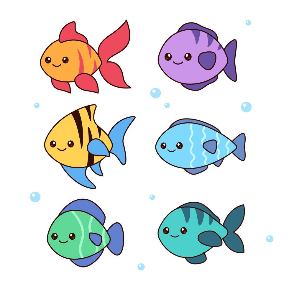 Kawaii fishes, set of simple cute cartoon drawings vector