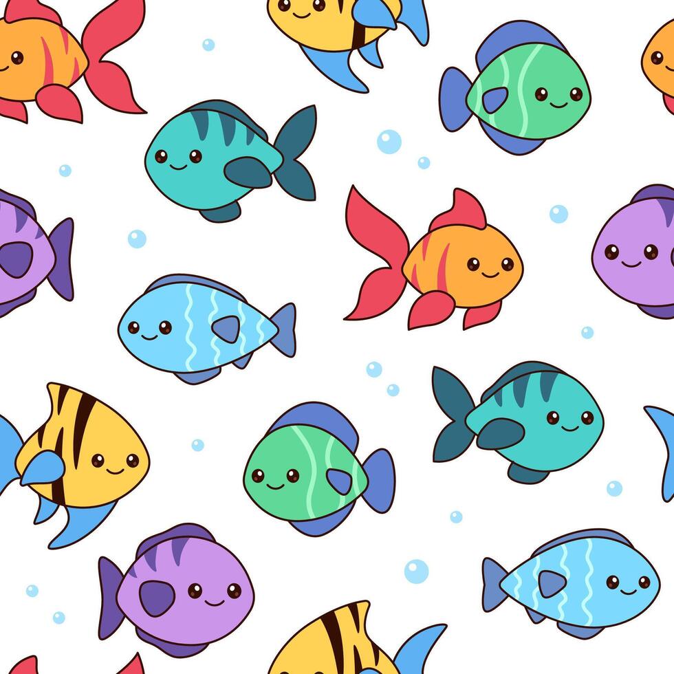 Kawaii fishes seamless pattern, background. Simple cute cartoon drawings vector