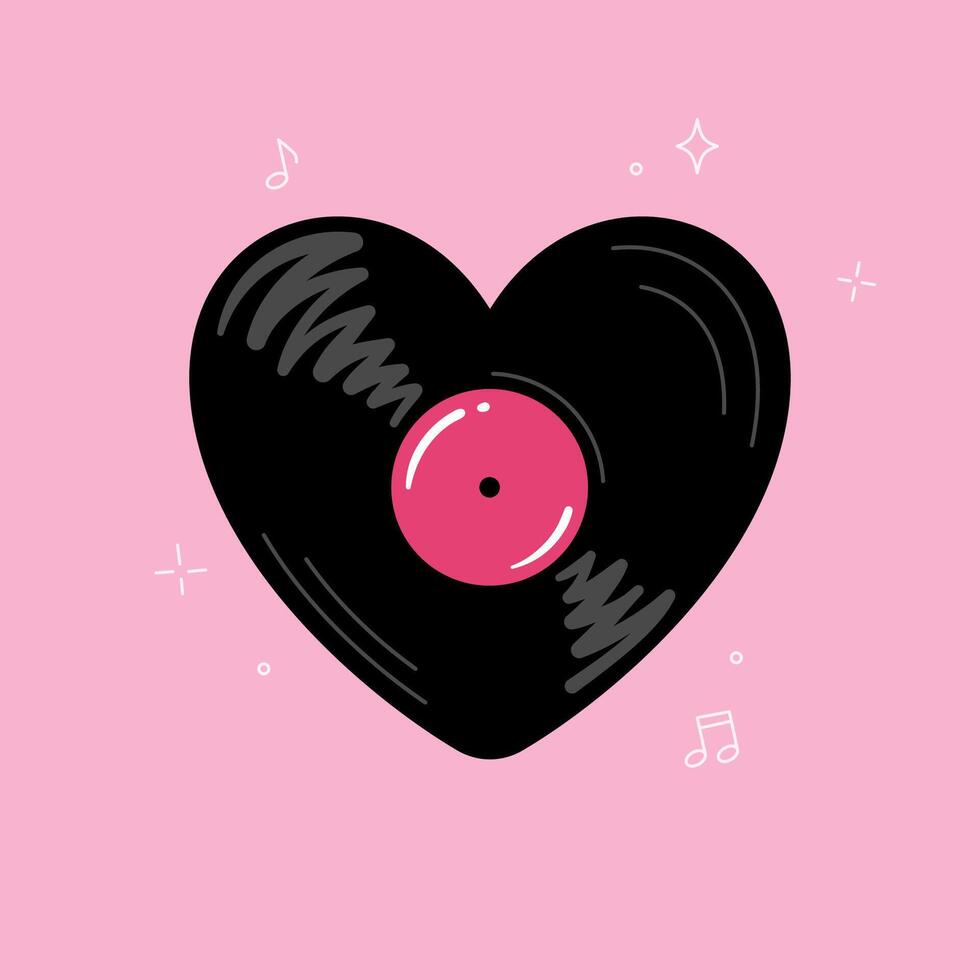 Vinyl record in a shape of a heart. Cute cartoon style drawing vector
