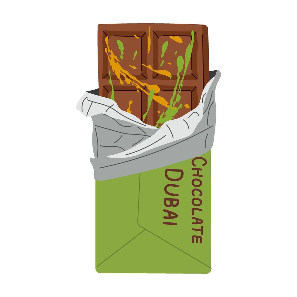 Dubai chocolate bar with pistachio paste filling in packaging. Luxury gourmet dessert. Premium handmade chocolate, cocoa vector