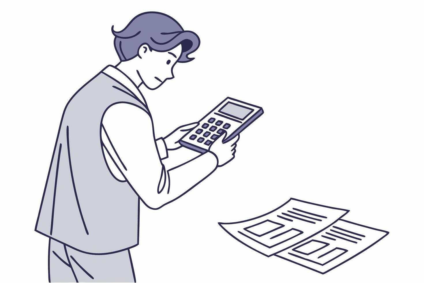 A man holding a calculator and looking at a piece of paper vector
