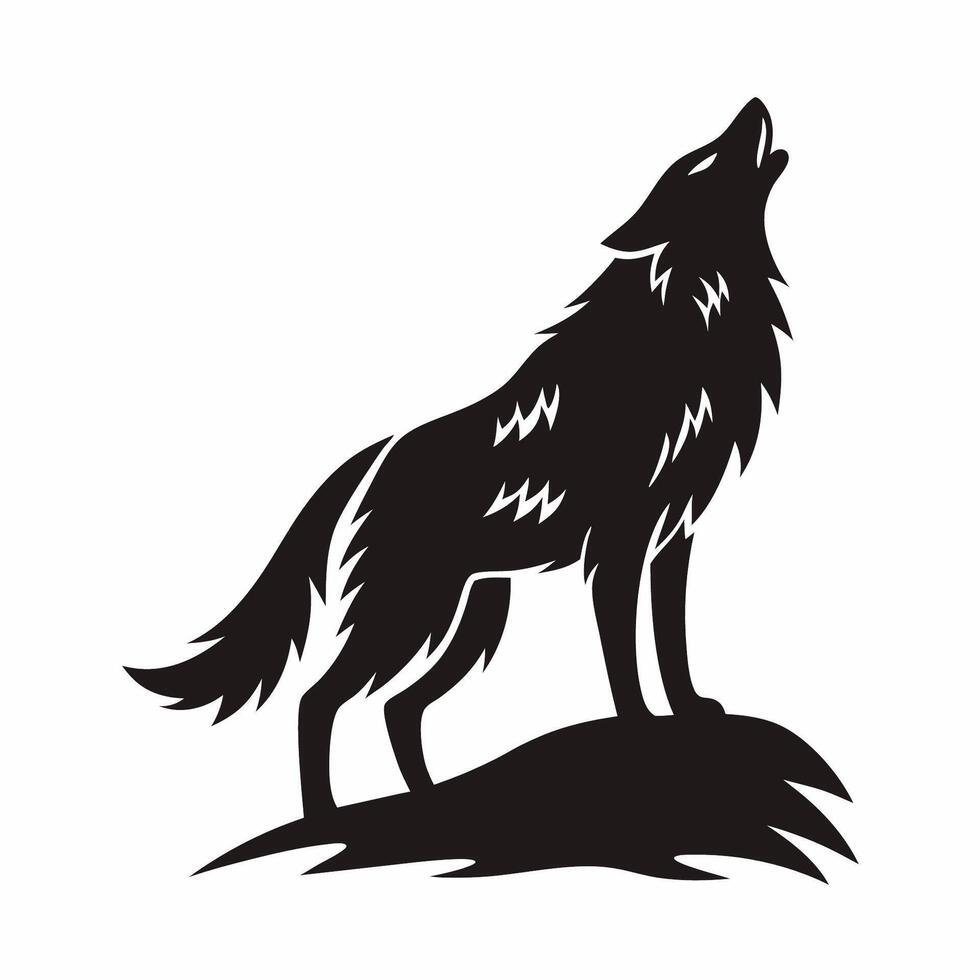 A black and white silhouette of a wolf howling vector