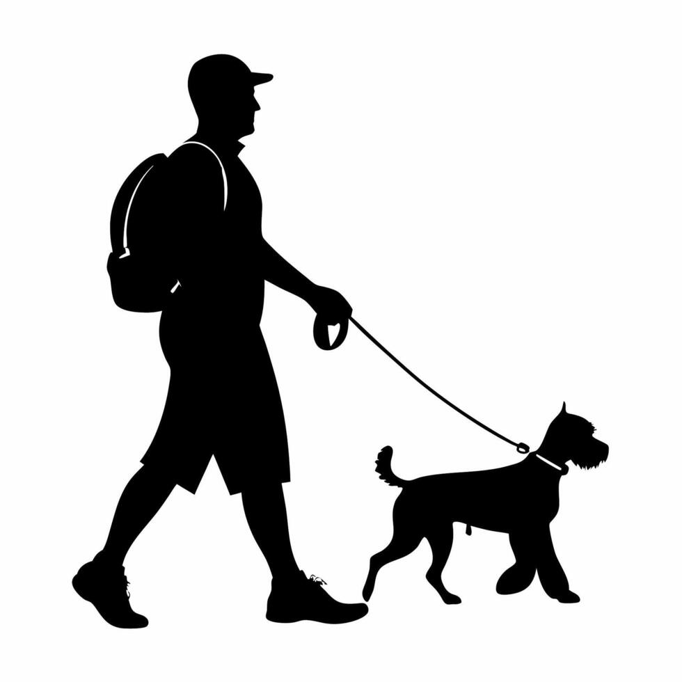 Silhouette of a man walking his dog vector