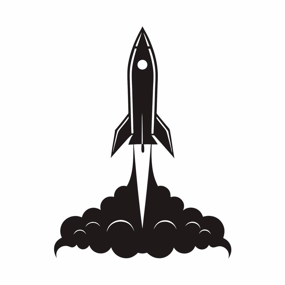 A black and white illustration of a rocket launching vector