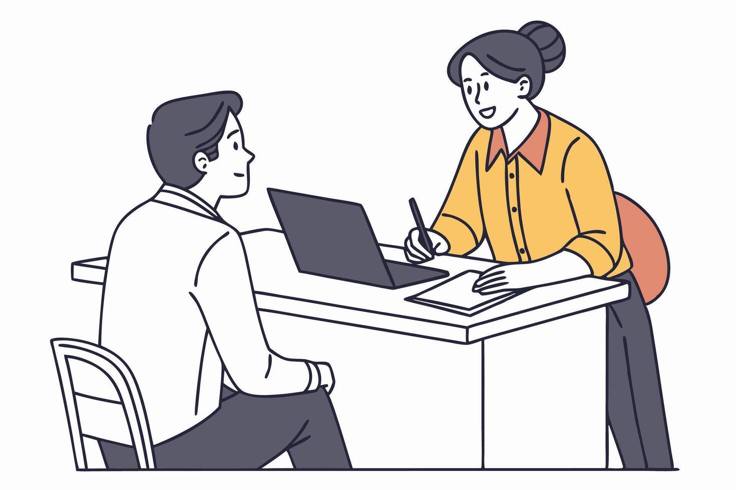 A man and woman are sitting at a desk with a laptop vector