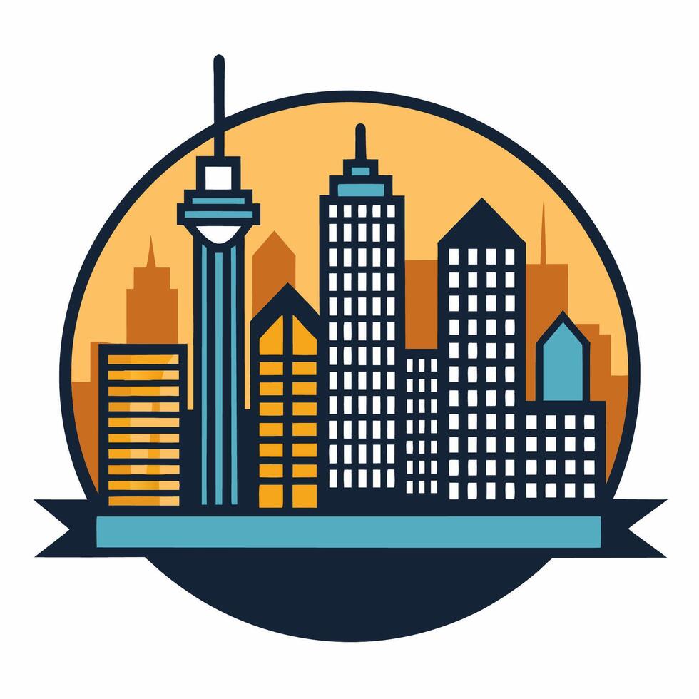 A city skyline with buildings and a banner vector