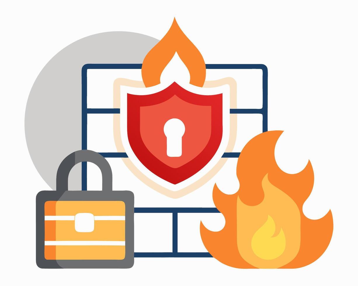 Fire and padlock icon with a shield and a lock vector