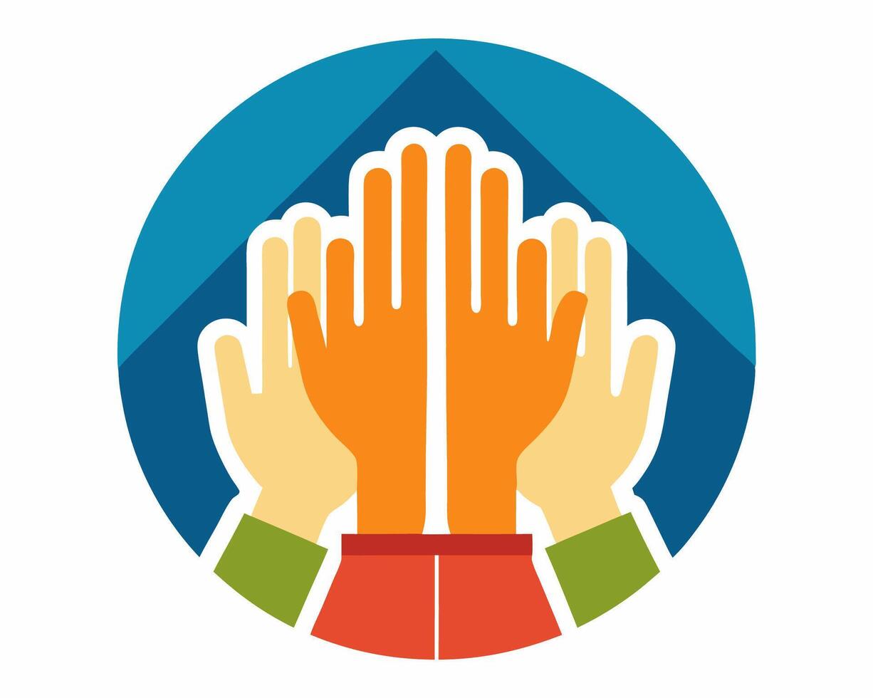 Hands up in a circle with a blue background vector