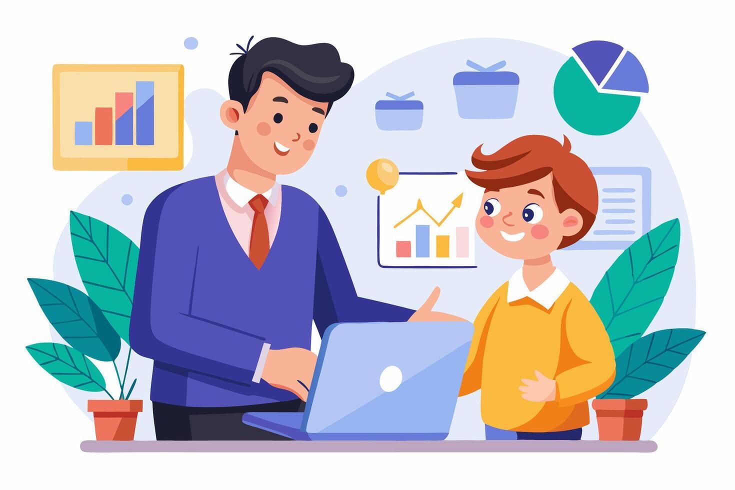 A man and a boy are working on a laptop vector