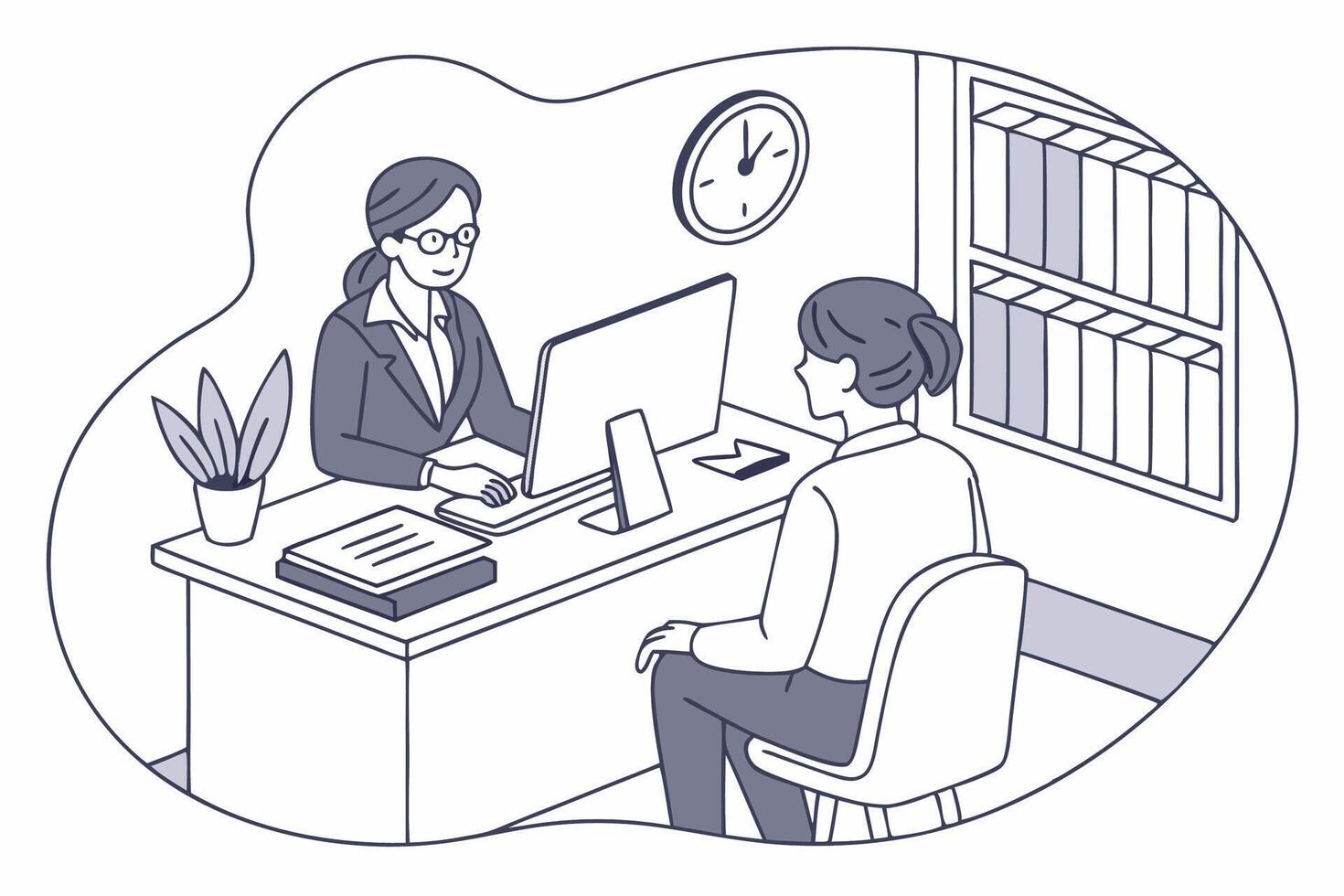 A woman is sitting at a desk with a computer vector