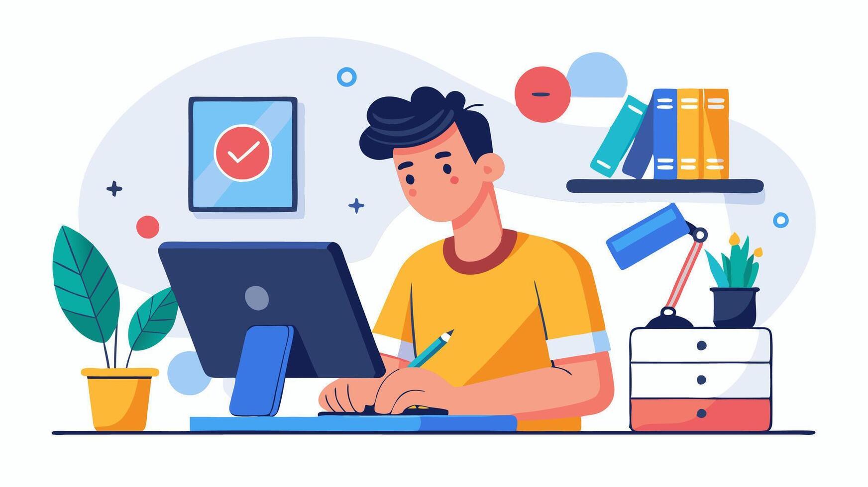 A man is working on his computer in front of a desk vector