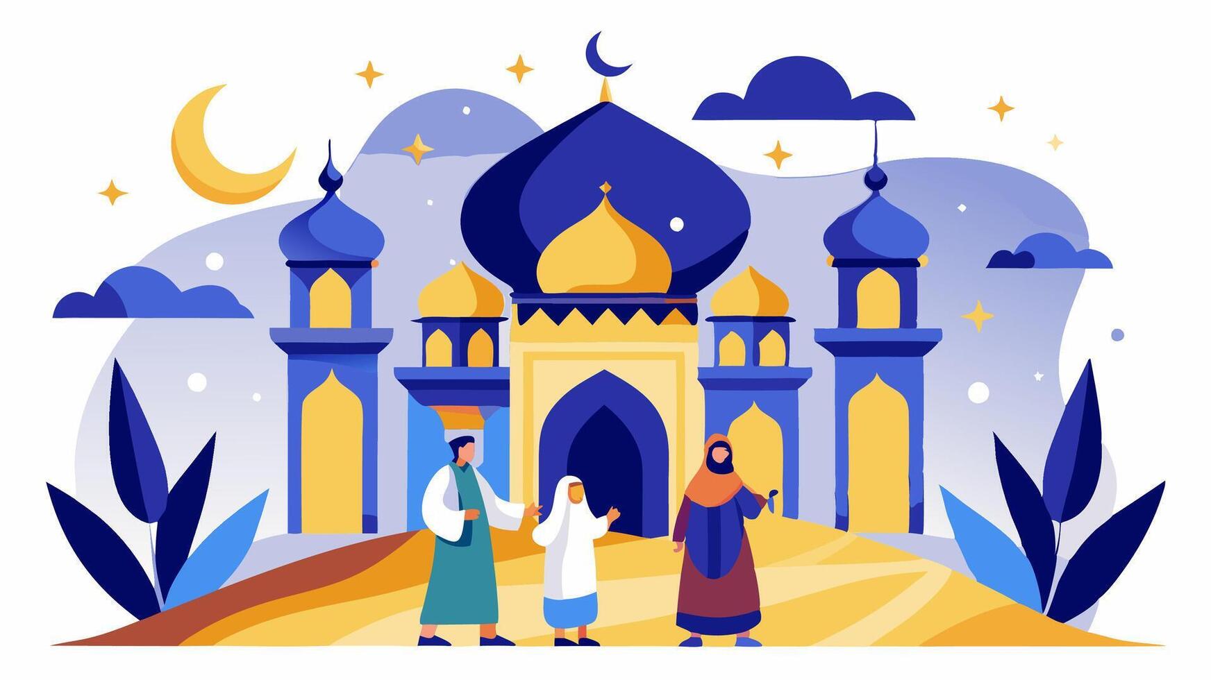 Islamic family in front of a mosque vector