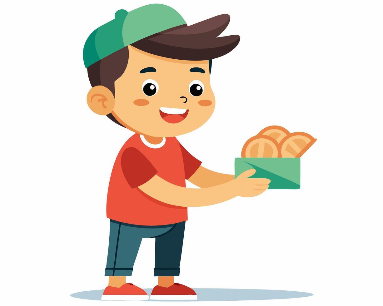 Boy delivering pizza to customer, cartoon illustration vector