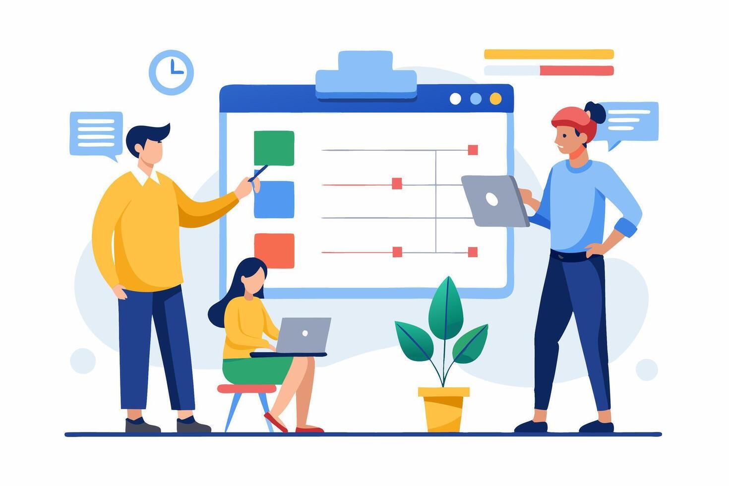 People working on a project plan on a whiteboard vector