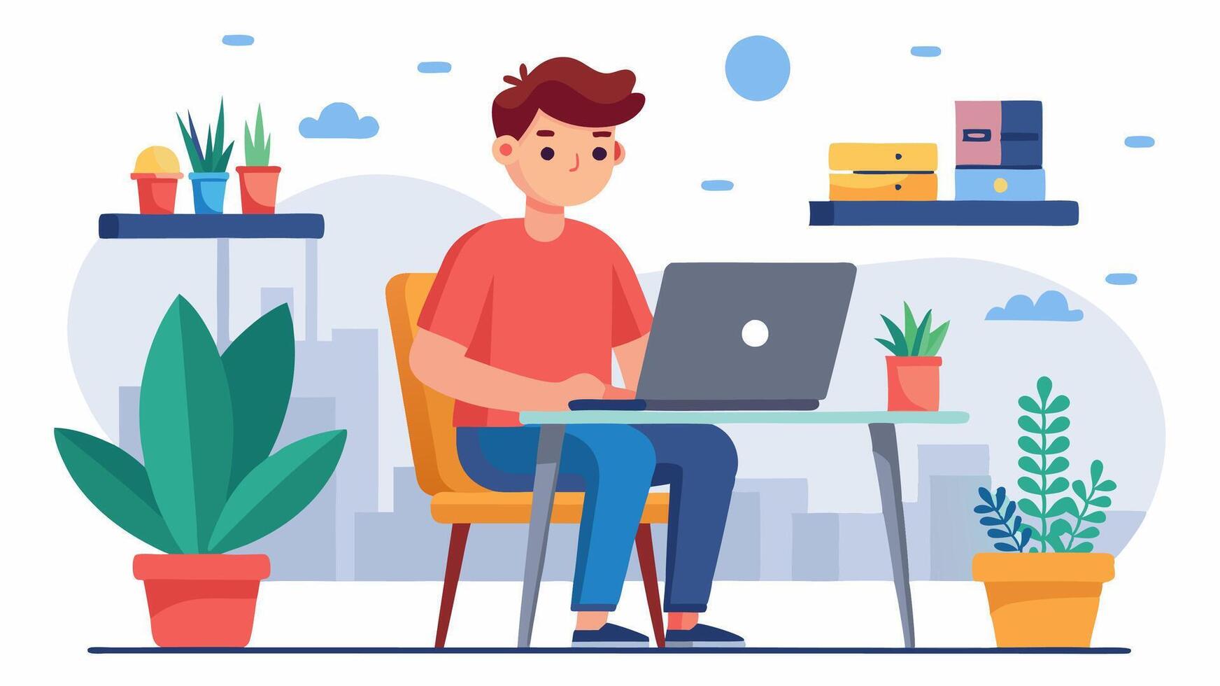 Man working on laptop in office with plants and potted plants vector