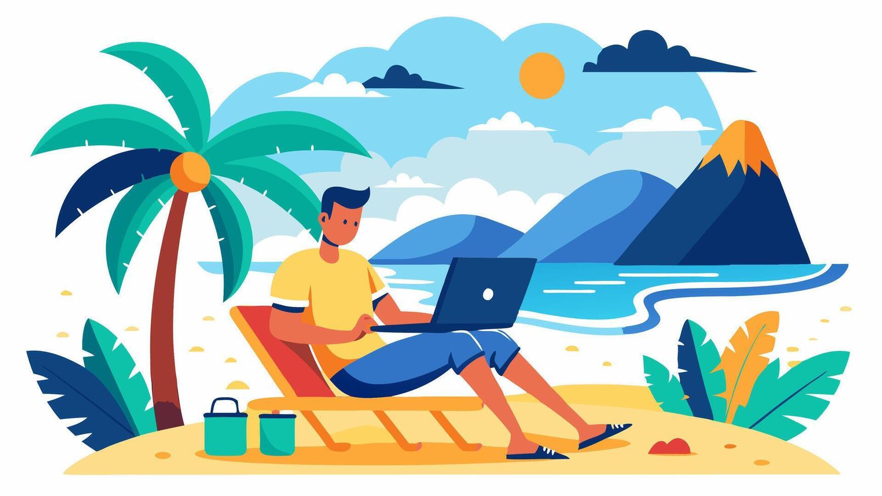 Man working on laptop on beach with palm trees and mountains vector