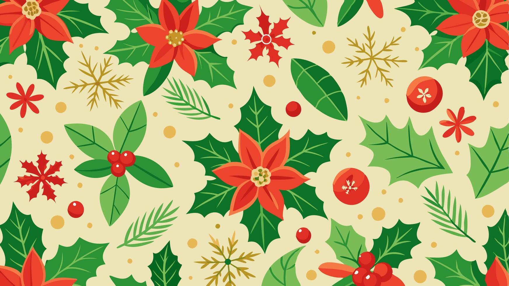 Christmas seamless pattern with poinsettia, holly and berries vector