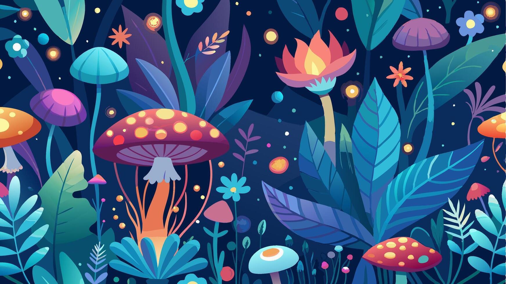 Mushrooms and plants in the forest at night vector