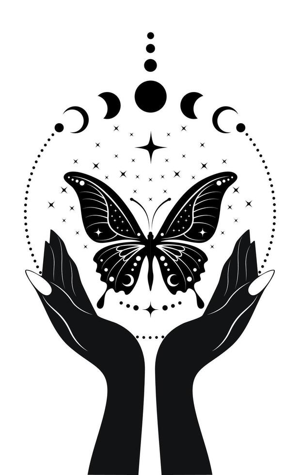 Mystical Moon Phases and sacred butterfly in hands of fortune teller. Magic celestial clipart of yoga, spa, beauty salon, cosmetics, relax, brand style, tattoo. Logo Isolated on white background vector