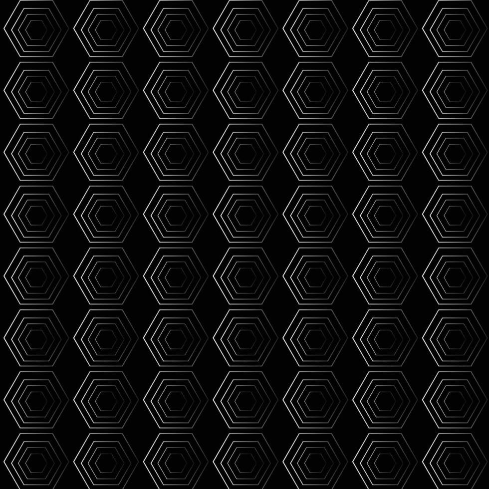 A seamless geometric pattern featuring hexagonal line art on a black background. vector