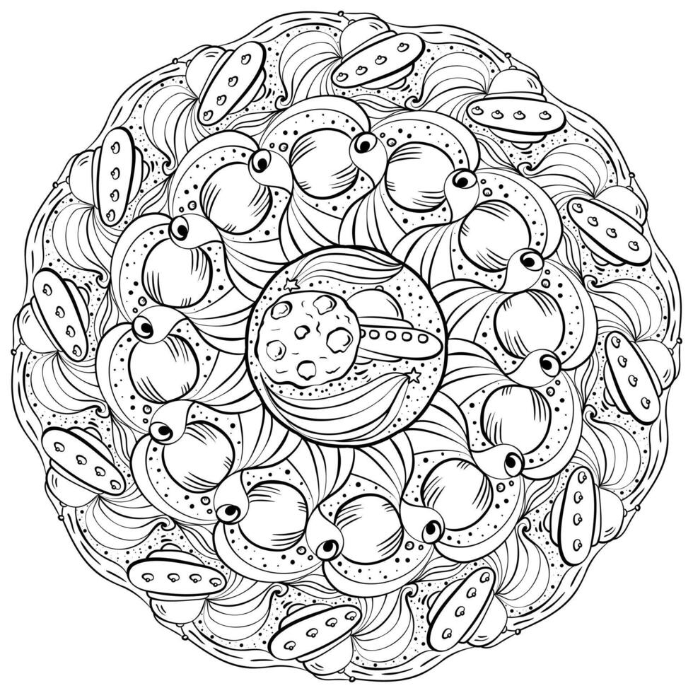 Outline mandala with UFO and asteroid, creative coloring page for kids and adult activity vector