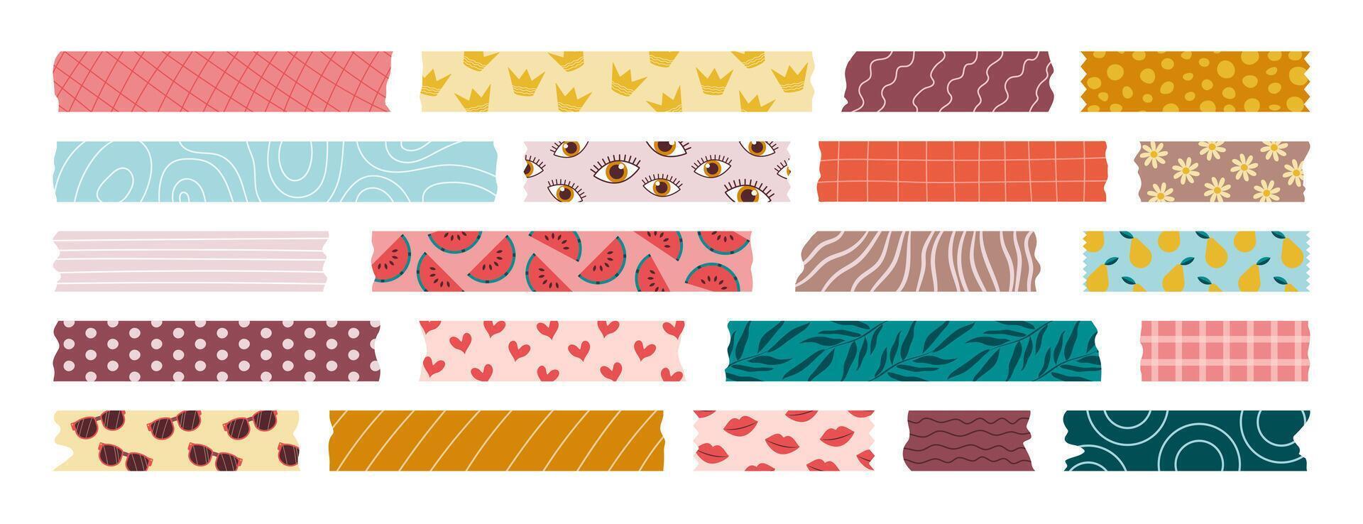 Set of isolated washi tape strips, sticky duct tapes, adhesive notes, and stickers. Various patterned elements with torn edges on white background. Collection of paper pieces for scrapbooking. vector