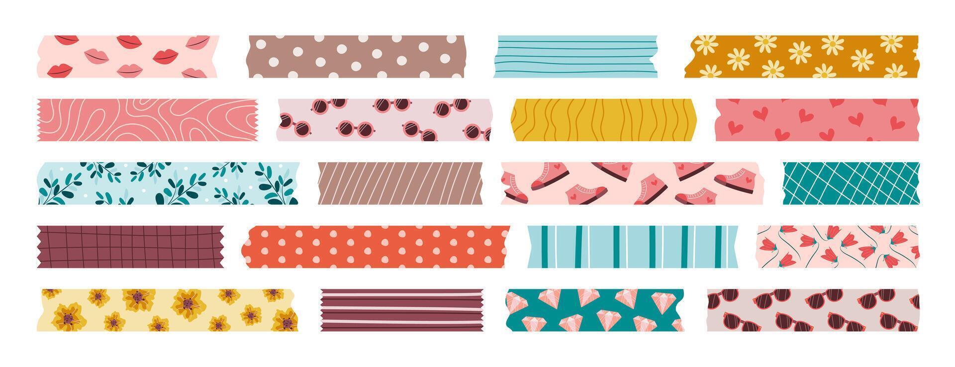 Set of isolated washi tape stripes, sticky duct tapes, adhesive notes, stickers. Different flat elements with pattern and ragged edges on white background. Collection of papers for scrapbooking vector