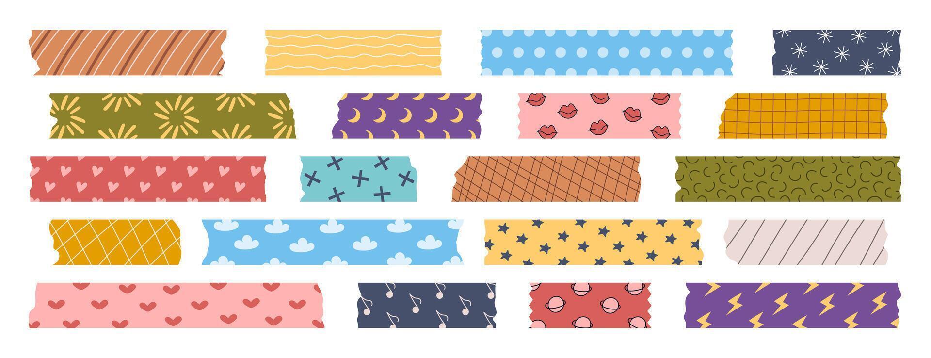 Set of isolated washi tape strips, sticky duct and washi tapes, adhesive notes, stickers. Various patterned elements with ripped edges on a white. Collection of paper pieces for scrapbooking. vector