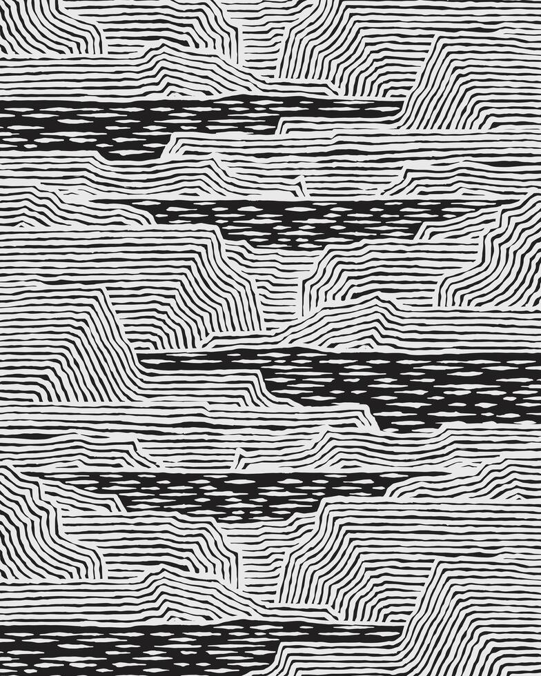 Hand drawn brush lines abstract landscape background in black and white, Japanese and ethnic wood carving, block print textured surface graphic for textile, carpet, decoration vector